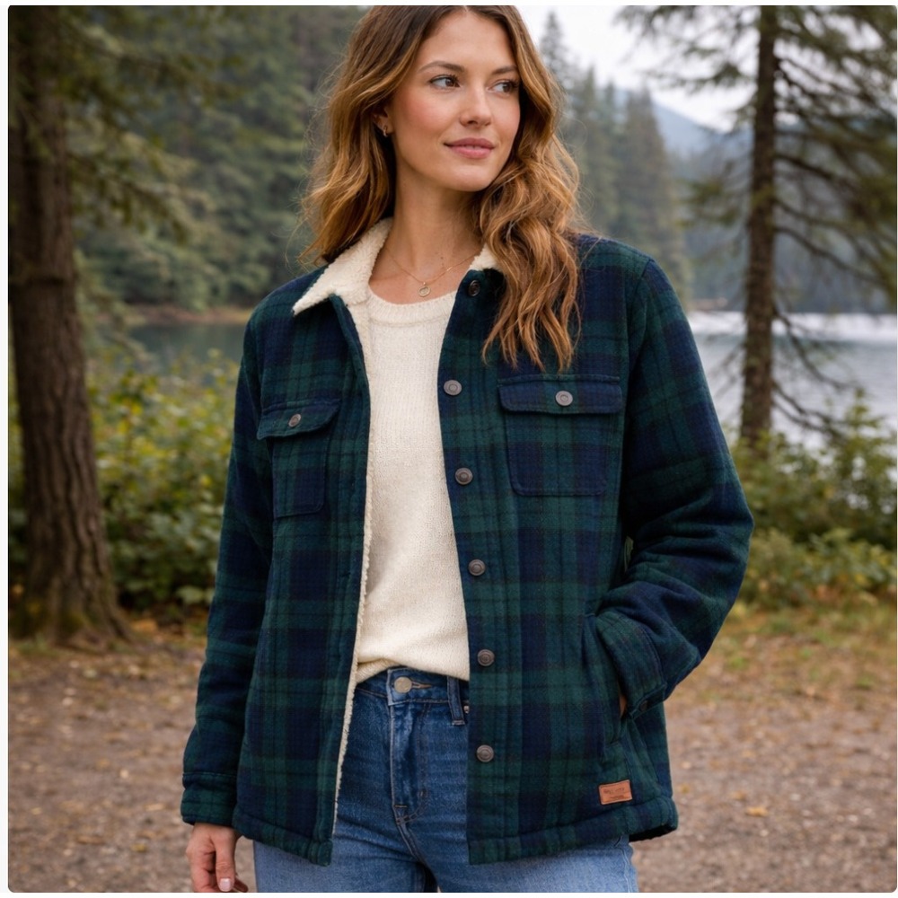 L.L. Bean Sherpa Lined Plaid Shacket Cozy Cabin Core‎ Flannel Jacket S